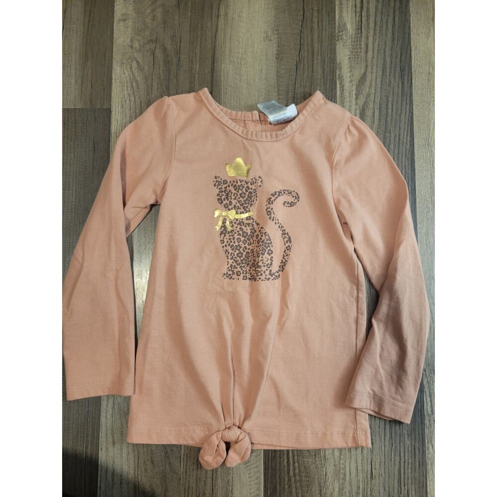 Little Lass Pink Cat Graphic Long Sleeve Shirt Front Knot Girls Size 6